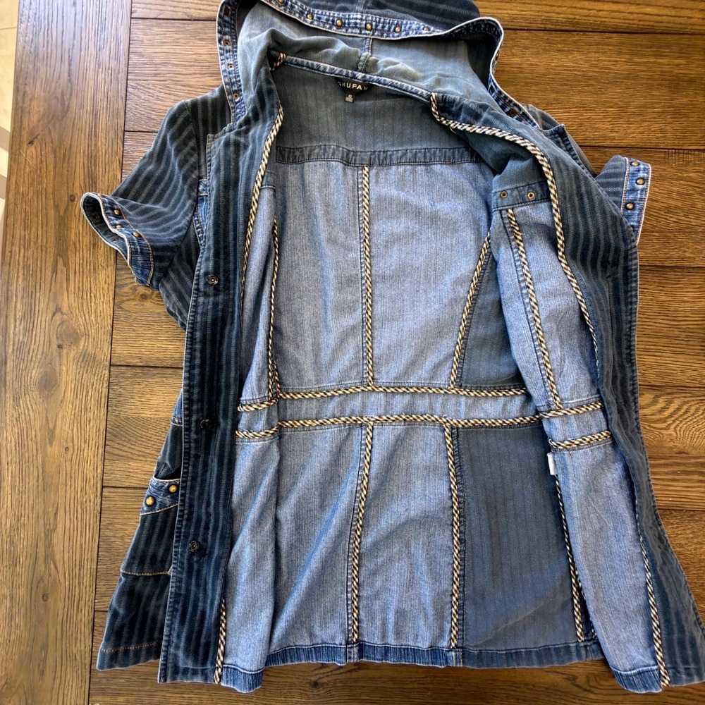 Shufa Blue Denim Striped Corduroy Studded Hooded Short Sleeve Jacket Size 42 - Picture 7 of 16